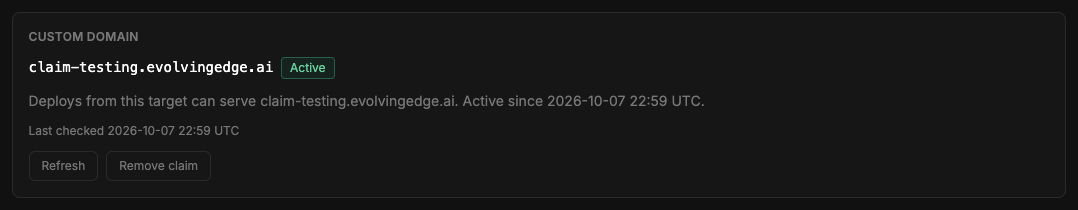 The Custom domain section with the status Active