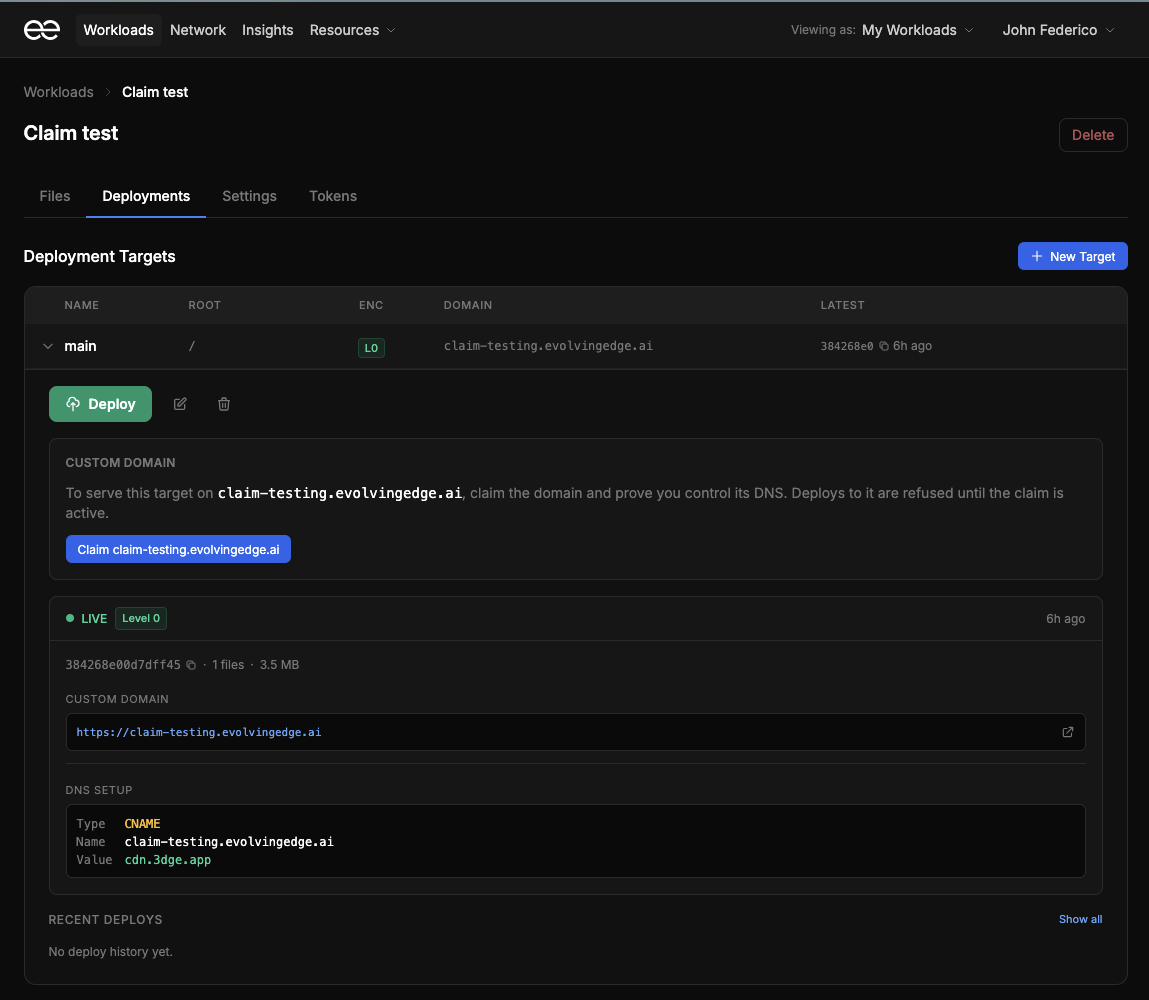 The Custom domain section of a deployment target, with a button to claim the domain