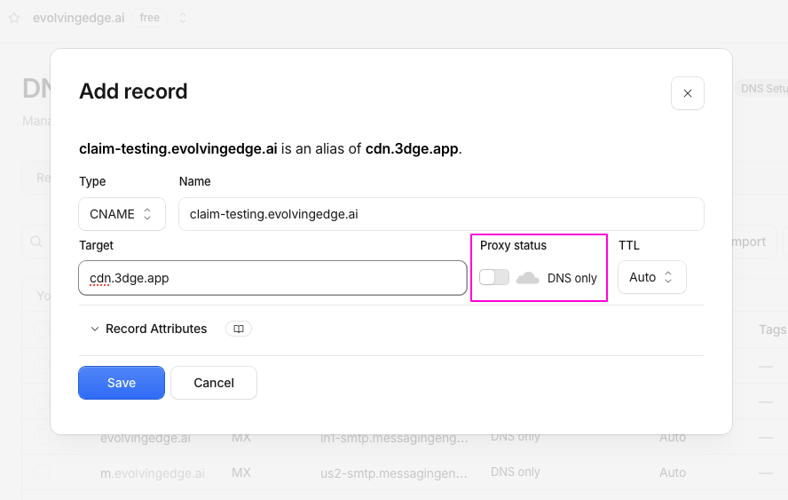 Cloudflare’s Add record form for the CNAME, with Proxy status set to DNS only