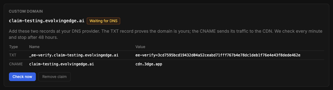 The Custom domain section with the status Waiting for DNS, listing the TXT and CNAME records to add