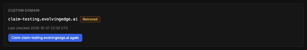 The Custom domain section with the status Removed and a button to claim the domain again