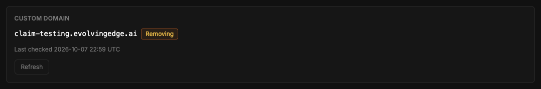 The Custom domain section with the status Removing